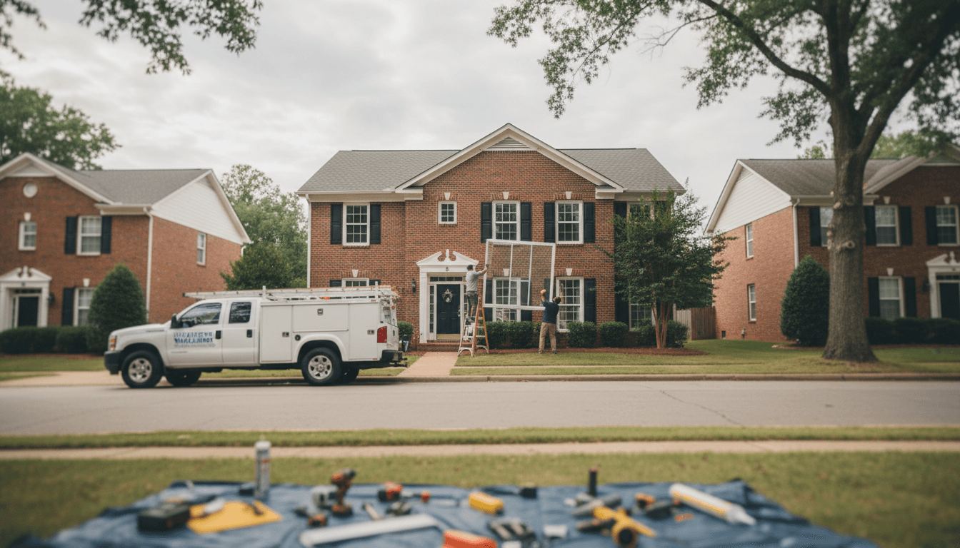Factory-certified installers placing a custom replacement window into a Charlotte home