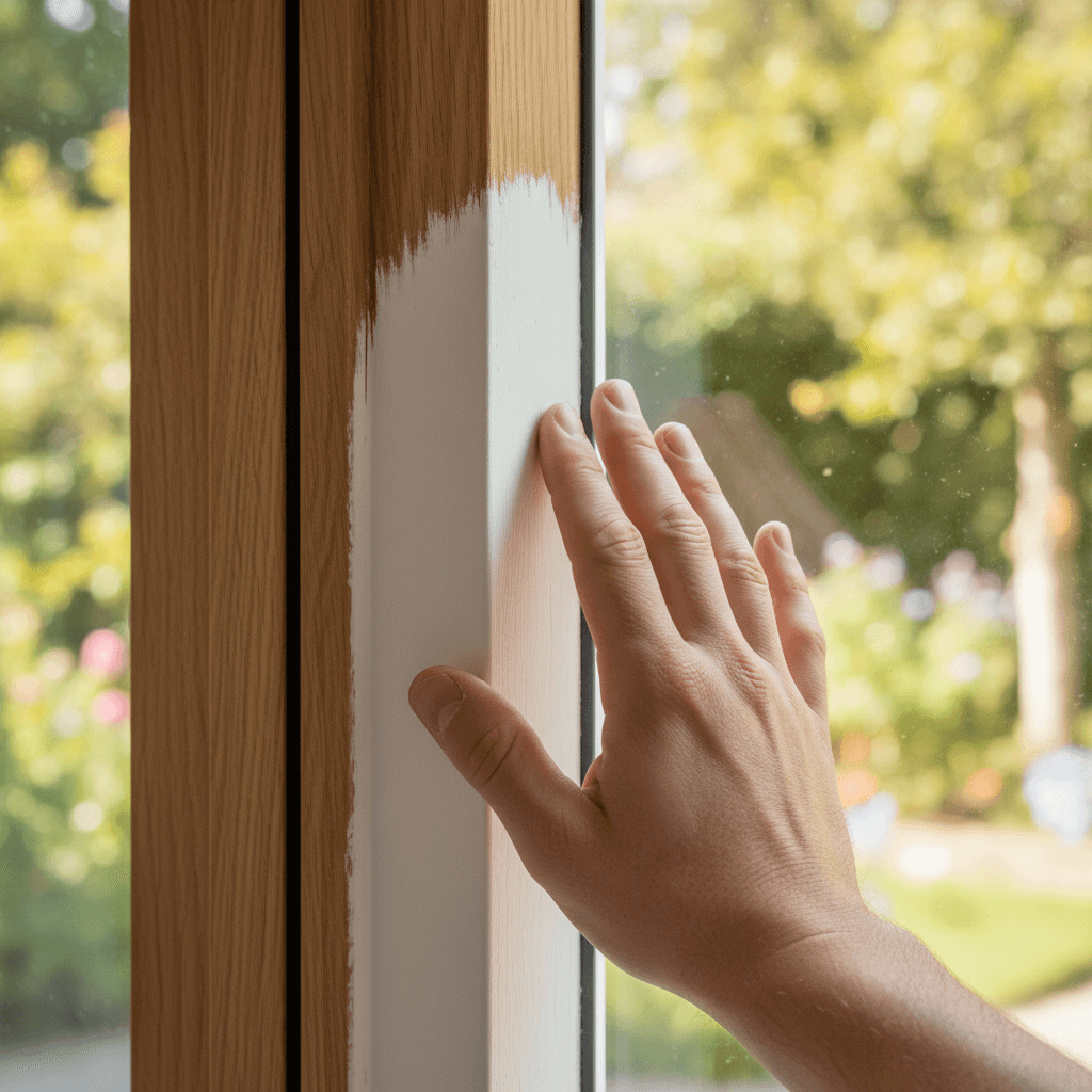 Hand touching a new custom-fit window frame with sunlight filtering through the glass