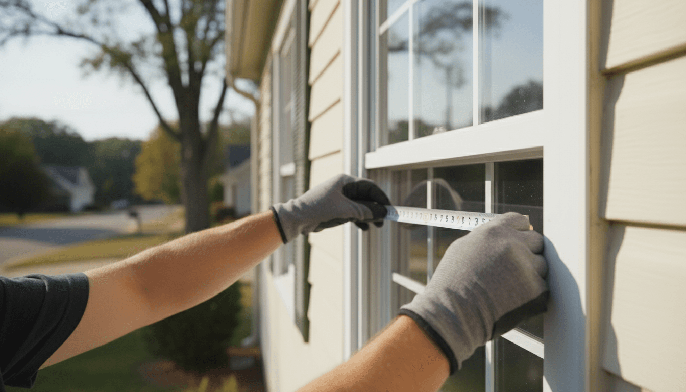 A factory-certified installer measuring a custom replacement window at a Charlotte home during daylight hours.