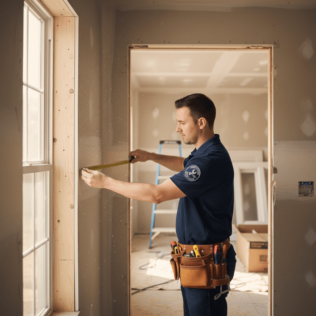 Factory-certified installer measuring a door opening in a Charlotte home